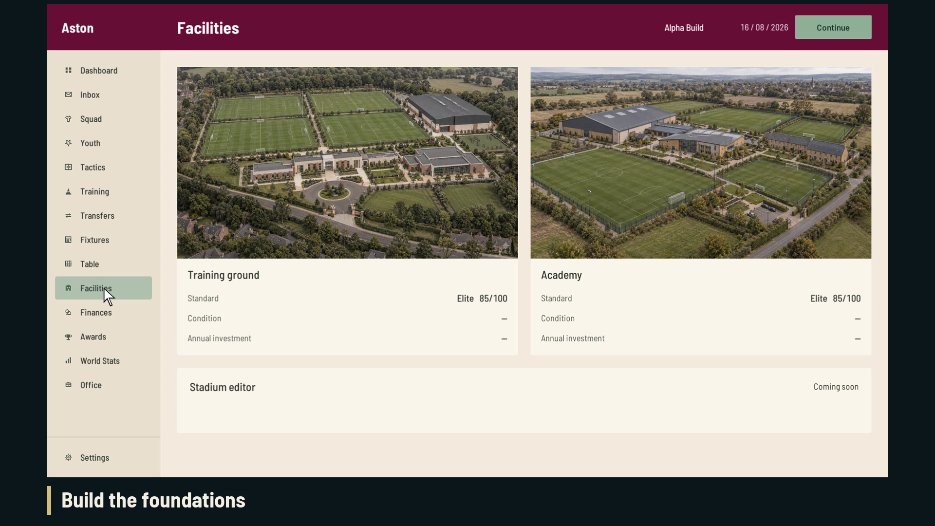 Aston facilities screen showing its training ground and academy with facility ratings