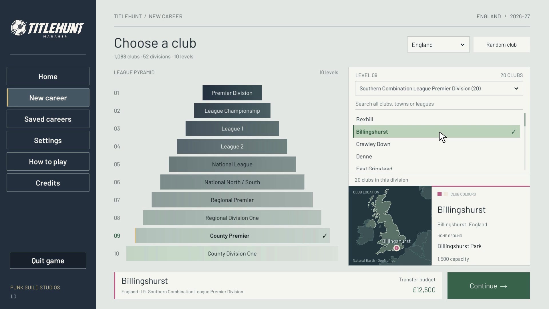 Titlehunt club selection screen with the approved Titlehunt Manager logo, English league pyramid, club list and location map