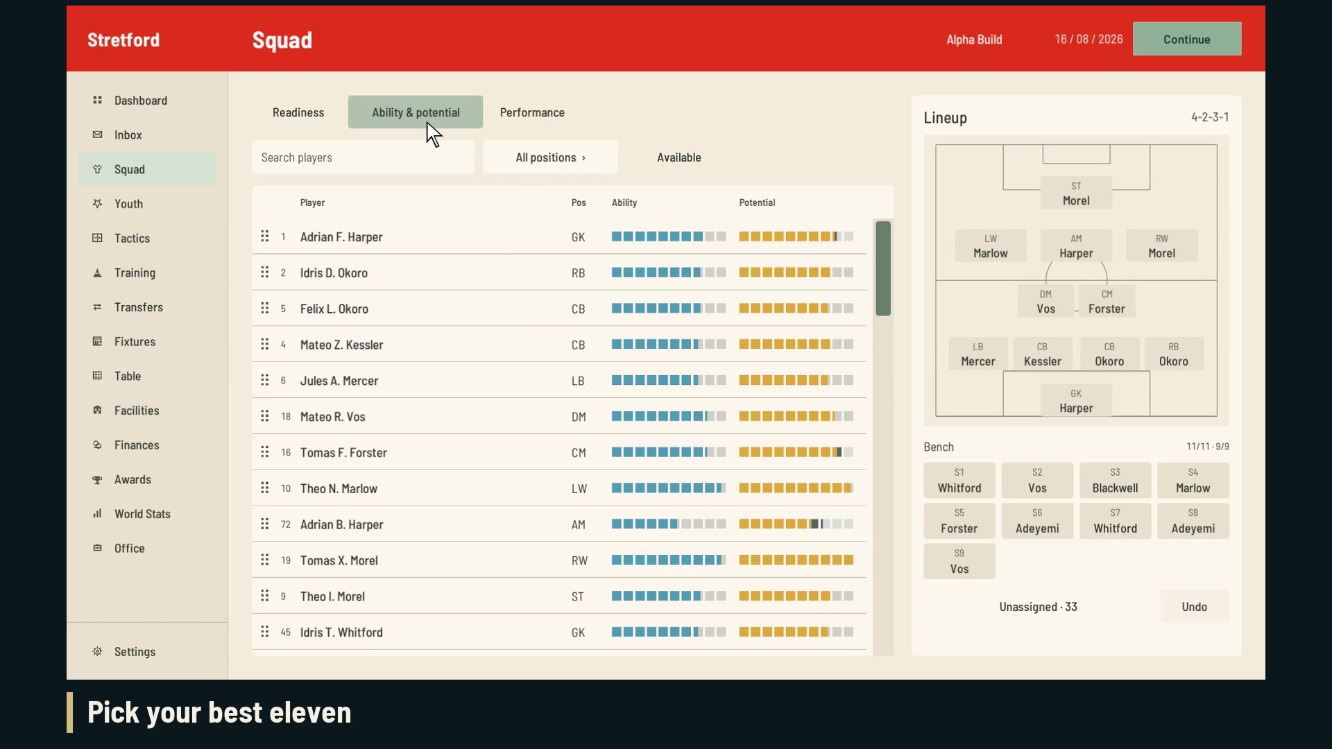 Stretford player ability and potential ratings beside a complete starting eleven and substitute bench
